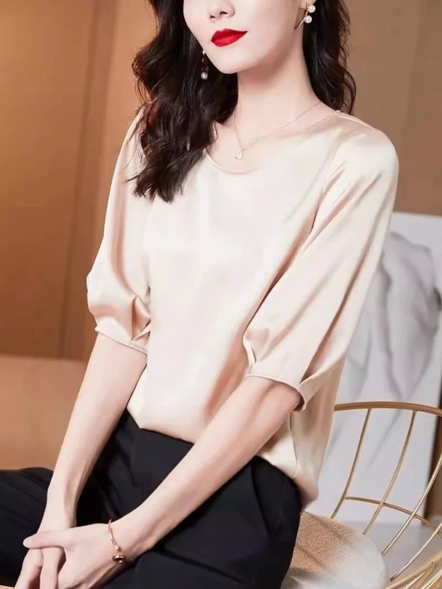 

Женская футболка из шелкового атласа Svel round Ne Pure Color длиной пять четвертей Lantern Sve Универсальный топ из настоящего шелка Acetat...