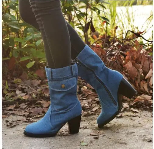 Spring autumn Denim boots for Women Mid-rise Solid color Large Size Shoes woman Slip-On Chunky Med Heels Mid-calf Boots