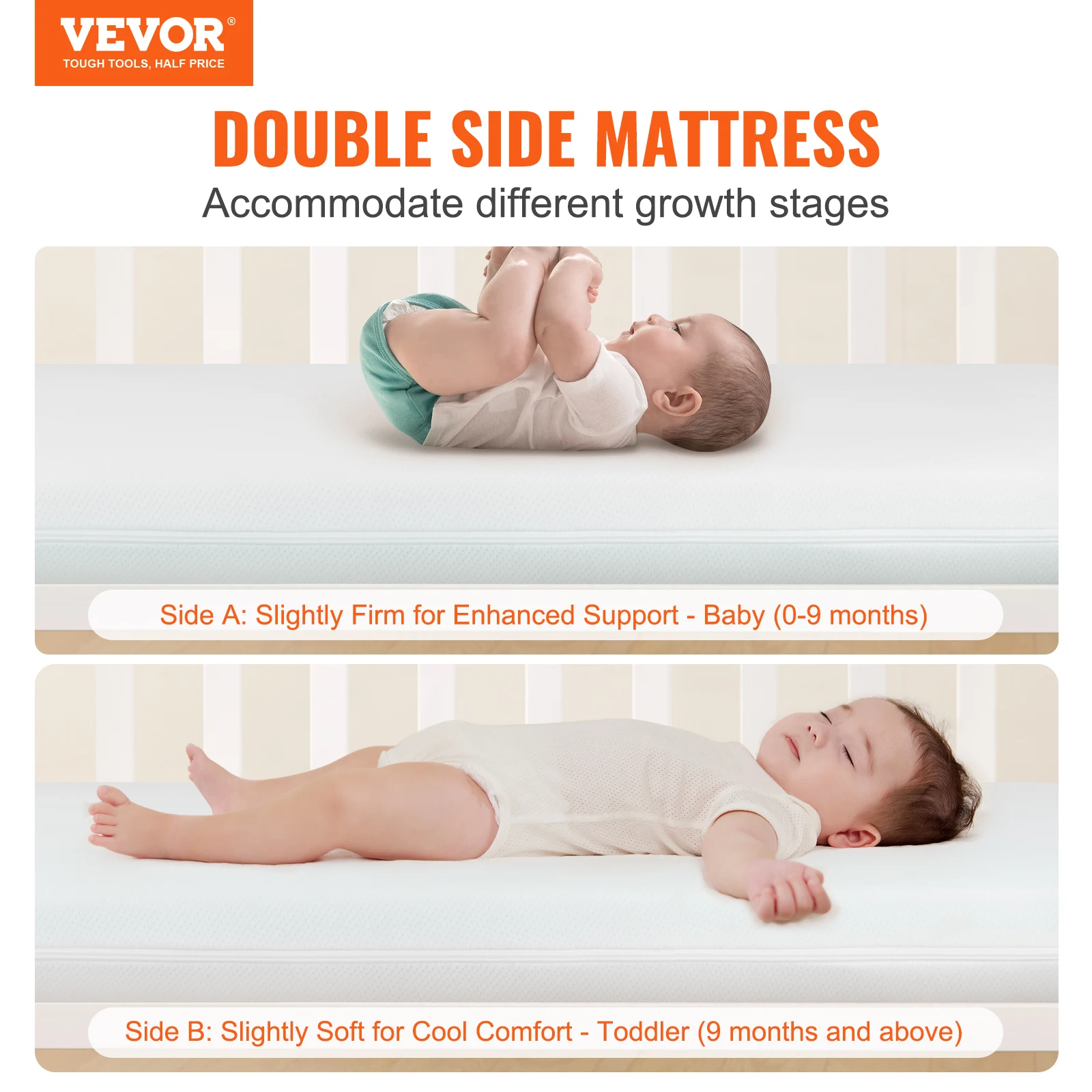 VEVOR Matelas Bébé 610x965x80 mm Matelas Cododo Respirant Réversible Double-Face en Mousse à Mémoire de Forme en Gel Petit Matelas pour Berceau 2 Housses Imperméables Facile à Nettoyer pour Enfants