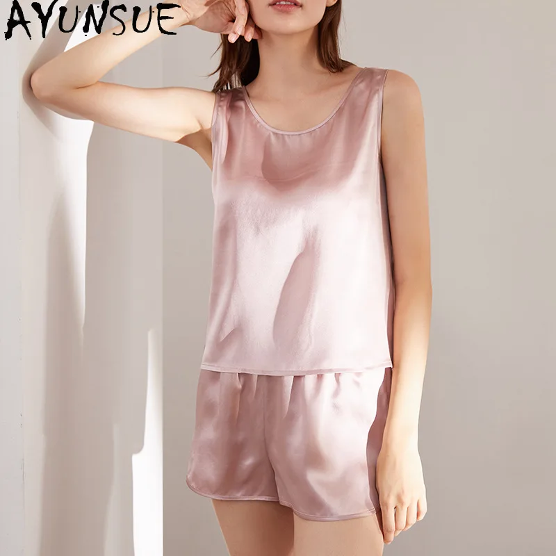 

AYUNSUE 100% натуральные шелковые пижамы для женщин, комплект из шелкового жилета и шорт 19 мм, летняя ночная одежда 2026, женская одежда для сна, пижамы Mujer