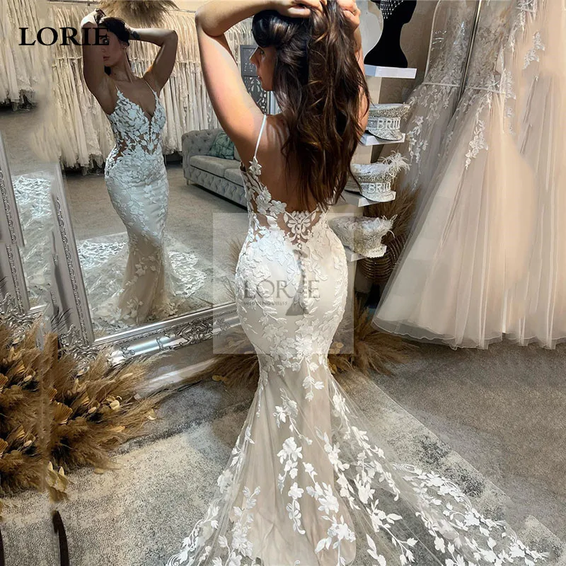 Lorie sexy V-Ausschnitt Meerjungfrau Brautkleider Sweep Zug ärmellose Brautkleid elegante Spitze bescheidene Braut Brautkleider