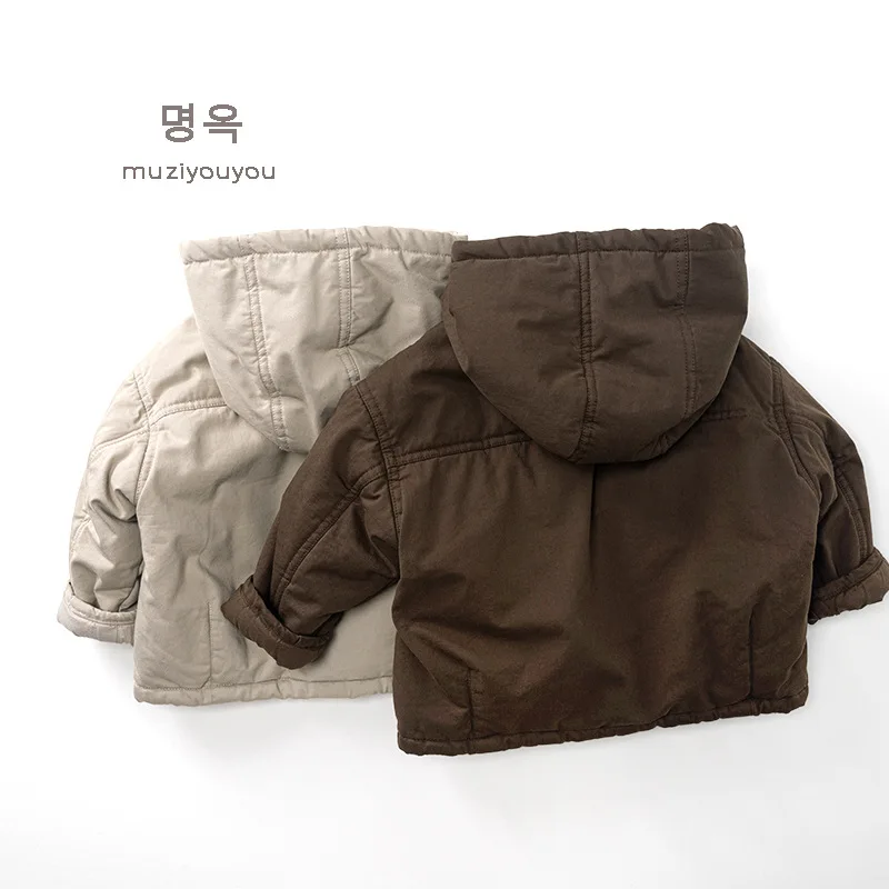 WOOFOO Winter New Children Warm Hooded Coat Boys Girls Cotton Padded Jacket Solid Baby Parka Kids Plus Velvet Thick Outerwear