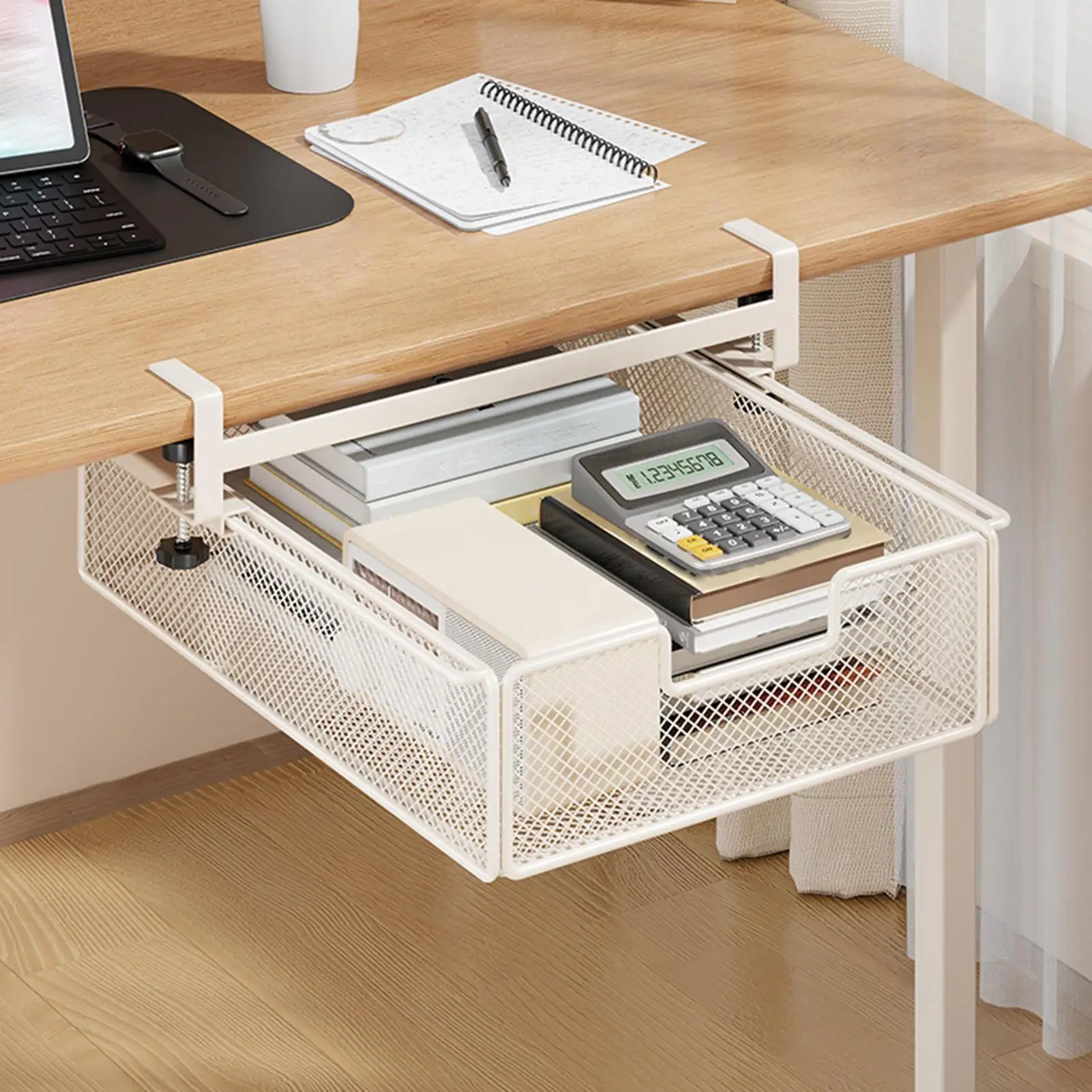 No Drilling Slide-Out Under Desk Drawer Under Table Storage Organizer Box for Home Office Dorm Workshop Student Gamer Storage