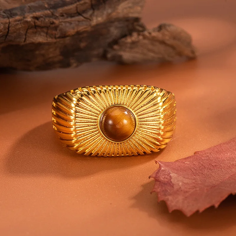 Personalized Geometric Open-ended Neutral Ring - Hip-hop Style Trendy Model 18K Gold Plated - Set with Yellow Tiger-eye Zirconia