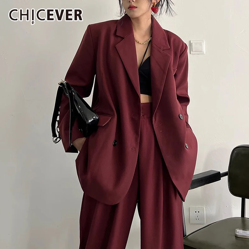 CHICEVER-Chaqueta de Color Burdeos para Owmen, cuello con muescas, manga larga, retazos, doble botonadura, abrigo Vintage holgado, ropa femenina