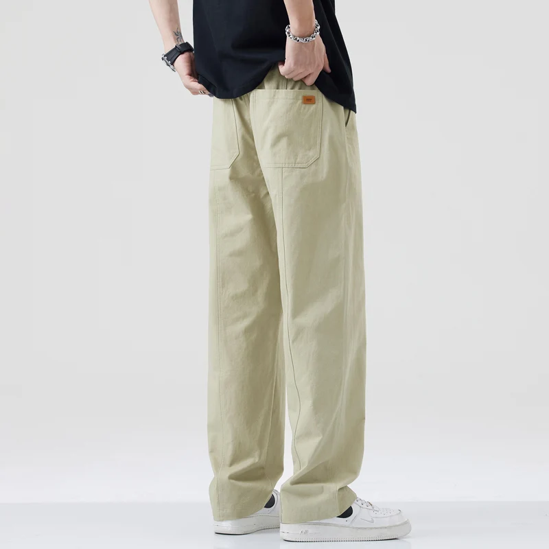 سراويل البضائع القطنية خفيفة الوزن للرجال ملابس الشارع فضفاضة بأرجل مستقيمة في الهواء الطلق كاجوال متعددة الجيوب مع حزام خصر مرن