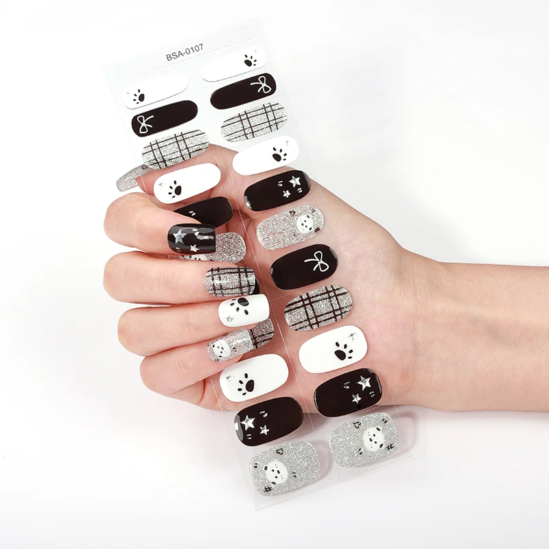 Bandes pour ongles en Gel à paillettes, 22 pointes, couverture complète sans cuisson, Plaid, nœud papillon, étoile, autocollants pour ongles, décoration de manucure à faire soi-même, Y2K