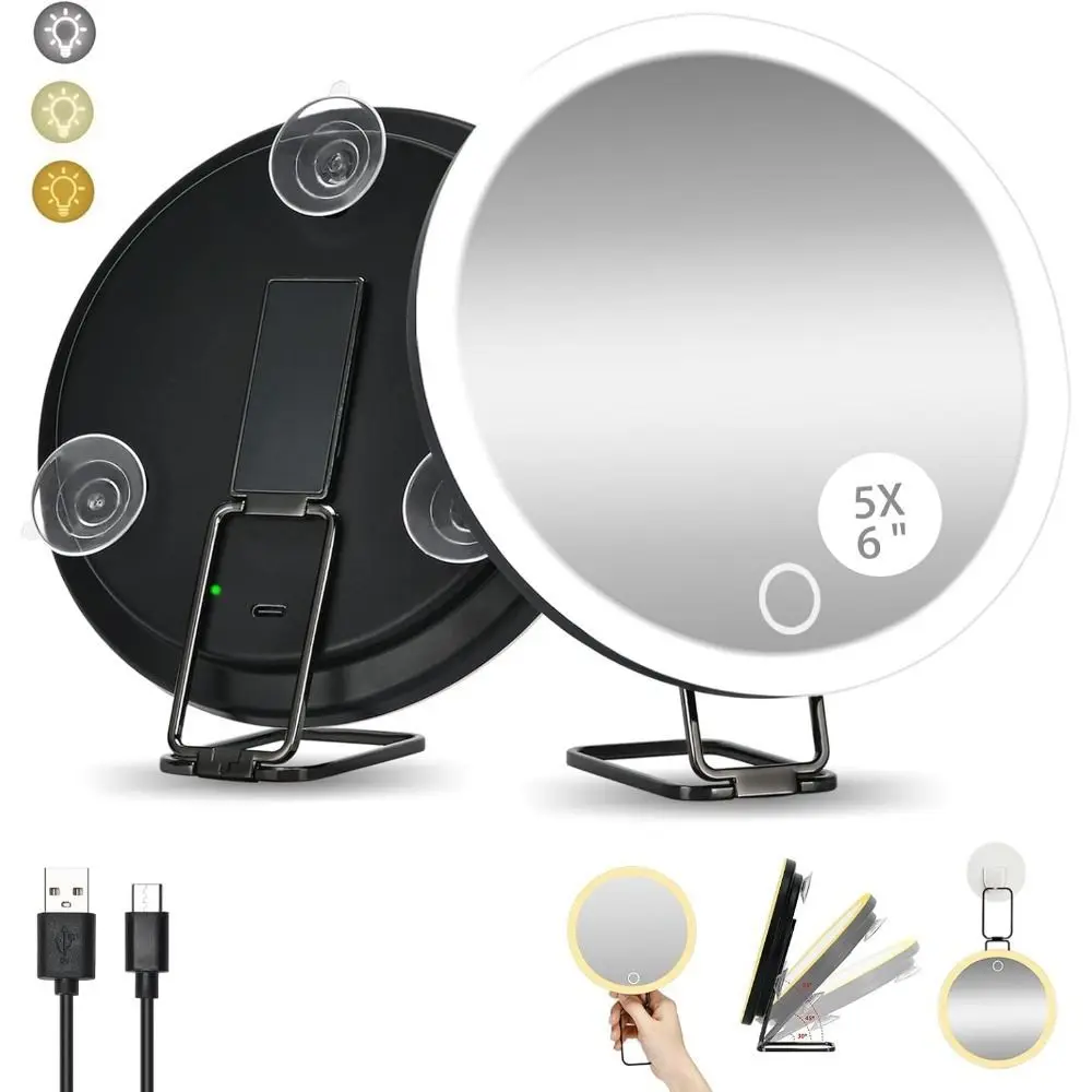 360 °   Miroir grossissant à support réglable avec lumière, miroir de maquillage LED pliable haute définition, ventouse murale suspendue