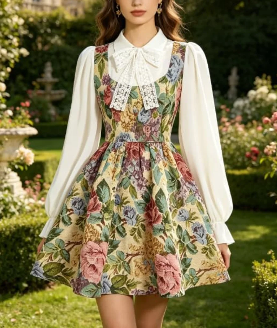

Floral Print Long-Sleeve Two-In-One Dress Top for Women Fashionable Retro Renaissance Style