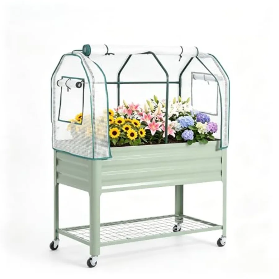 Raised Garden Bed with Cover, Galvanized Metal Elevated Planter Box with Rolling Casters and Extra Bottom Shelf, Raised Planter