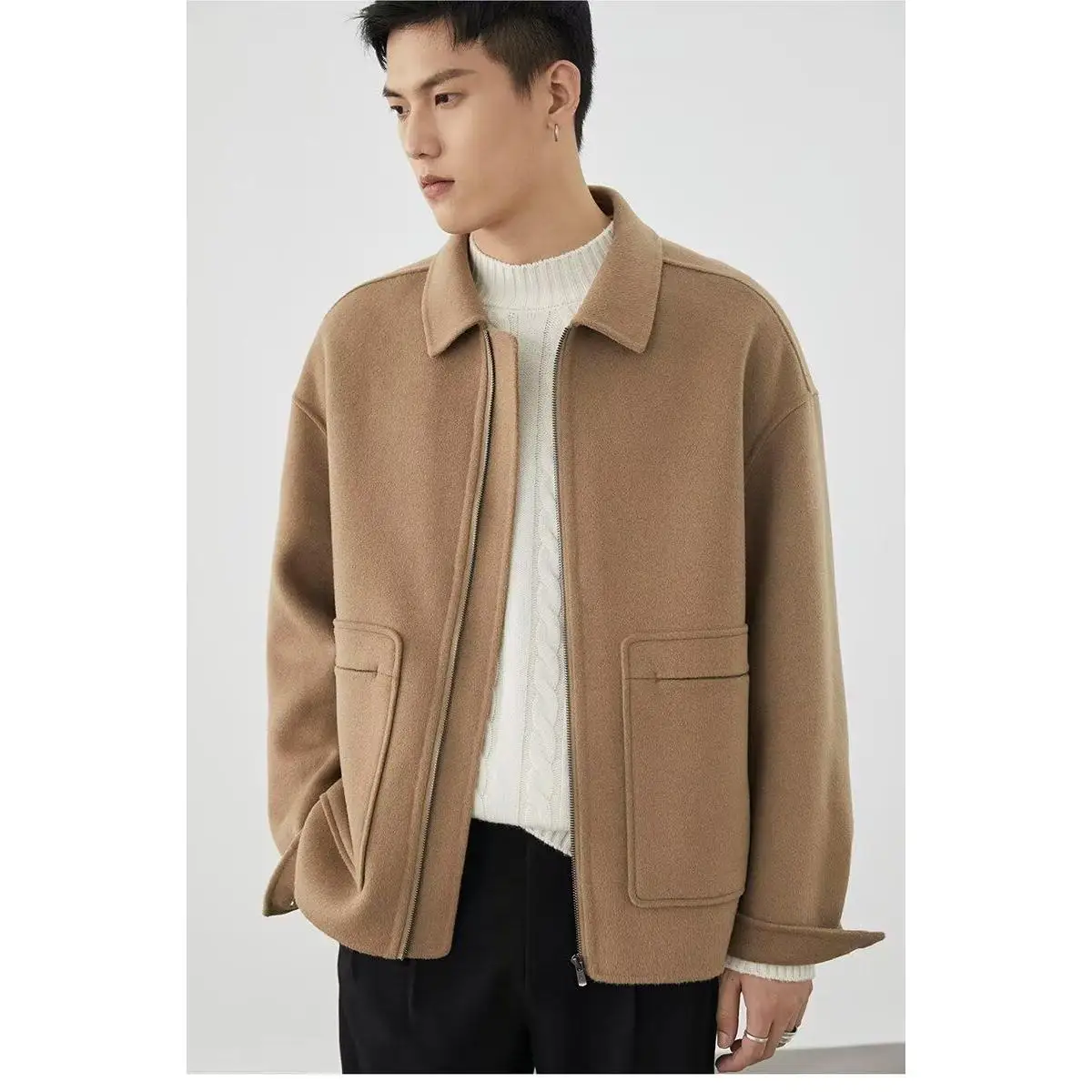 Retro Short Woolen Jacket Men's Trendy Loose Thickened Notch Collar Jacket Japanese Style Simple Woolen Coat Autumn Winter