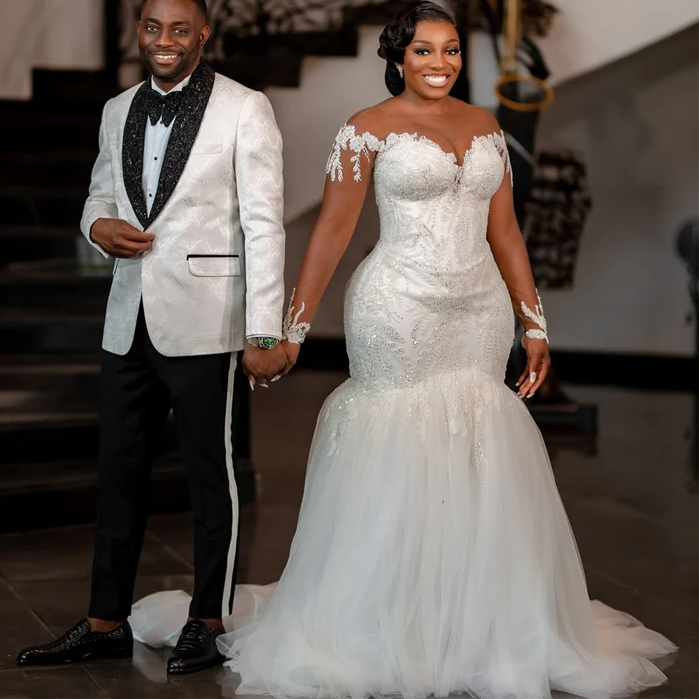 

African Mermaid Wedding Dresses for Bride Sheer Neck Long Sleeve Lace up Closure Appliques Beading Tulle Bridal Gowns Customized