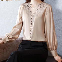 V-neck Imitation Silk Thin Temperament Workplace Lace Loose Lantern Sleeve Pullover Blouse Three-dimensional Decoration Women