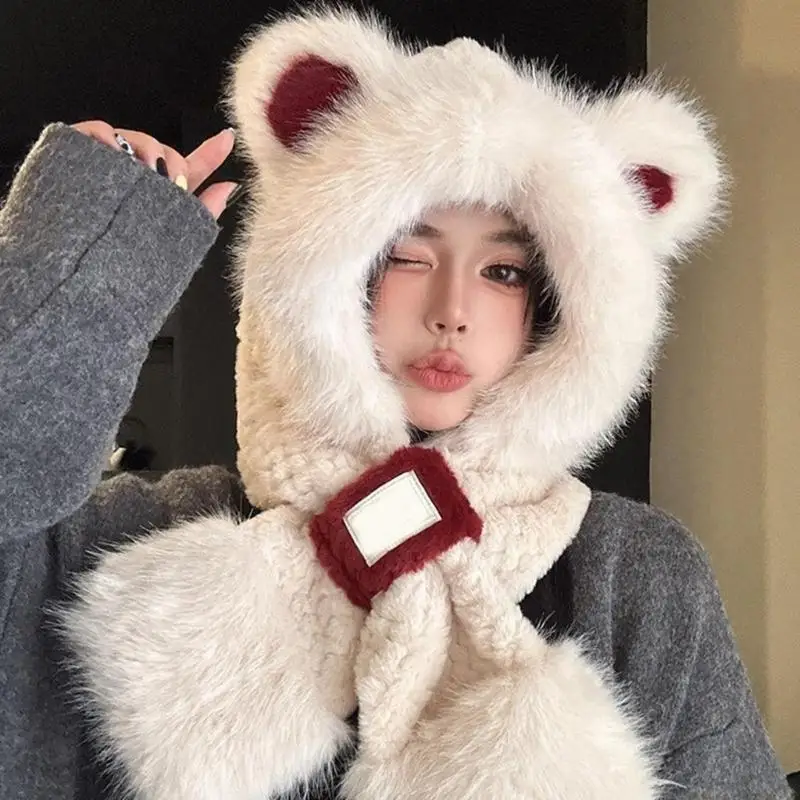 31BF Plush Bear Ear Hooded Scarf Hat Faux Rabbit Furs Trapper Hat For Women Girls