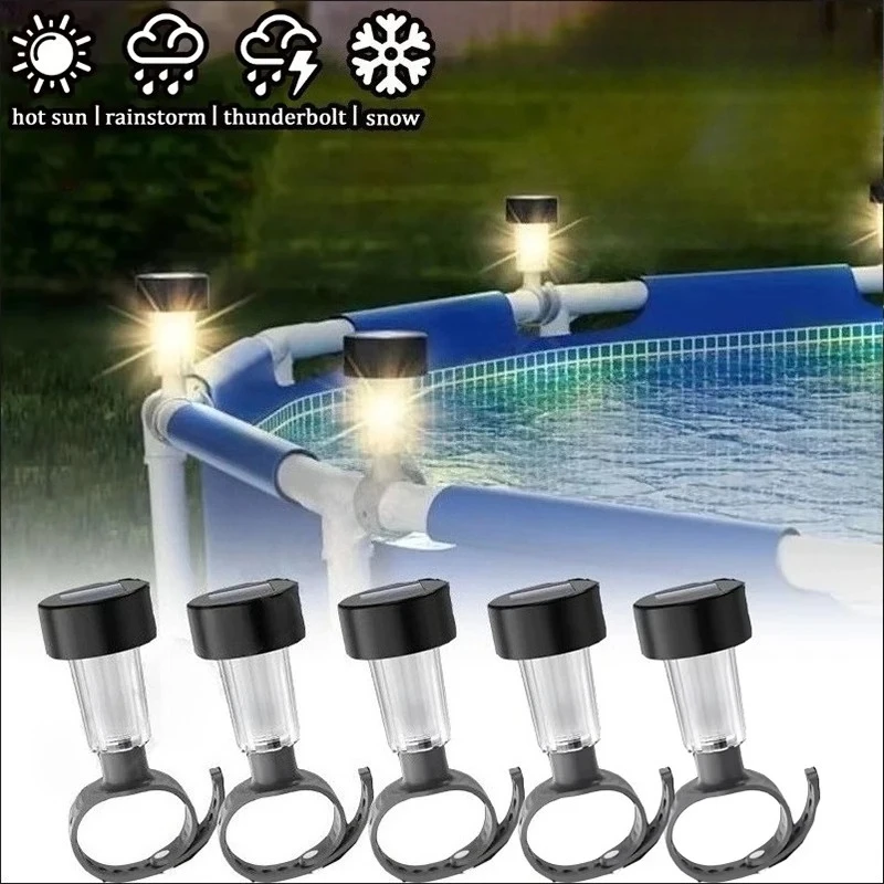 1-10PC Solar Powered Pool Railing Light with Strap for Fence Above Ground Frame Pool Outdoor Waterproof Decorative Night Lamp