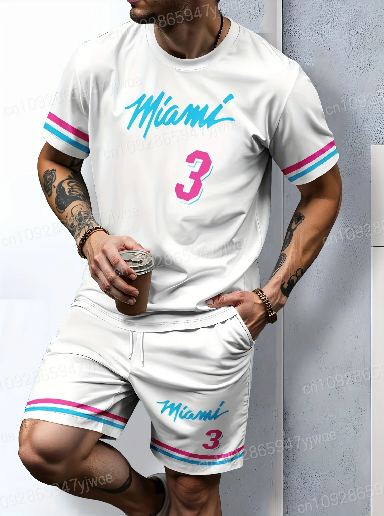 Summer Stripe Miami 3 Printed Men's Suit 2 Pieces Set Casual Suit Sport Wear T-Shirt Set Men's Tracksuit Plus Size Men Clothing