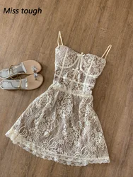 Spring Sleeveless Lace Dress Women Elegant Spaghetti Strap Slim Fit Floral Lace Party Dress Sexy Chic Casual Dress Outfit 2025
