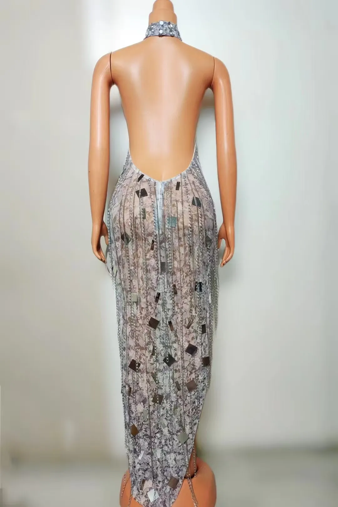 Sukienka damska z głębokim dekoltem w serek, odkrytymi plecami, łańcuszkiem z dżetów, frędzlami, elastyczna, błyszcząca, cekinowa, z dżetami, sukienka urodzinowa, stroje drag queen A967