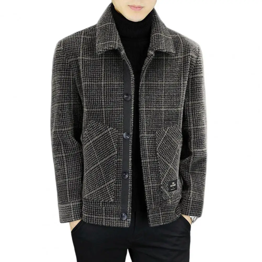 2024 Autumn Winter Men Neck Woolen Jacket Fashion Slim Fit Suit Coat Checkered Multi Pocket Korean Casual Jacket