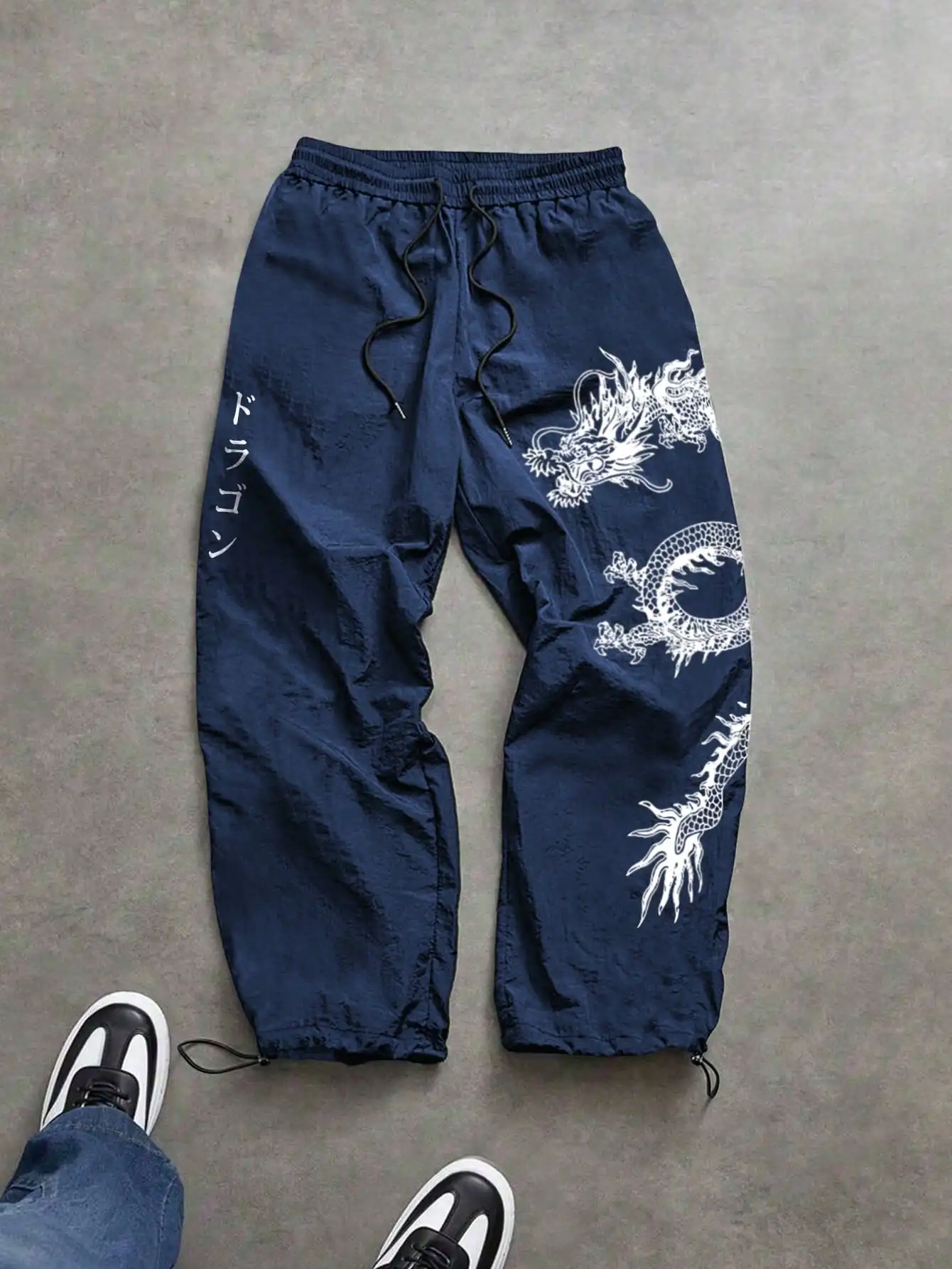 

Men's Japanese Dragon Print Loose Pants, Elastic Waist Drawstring, Breathable Streetwear Trousers for Gym & Daily Wear
