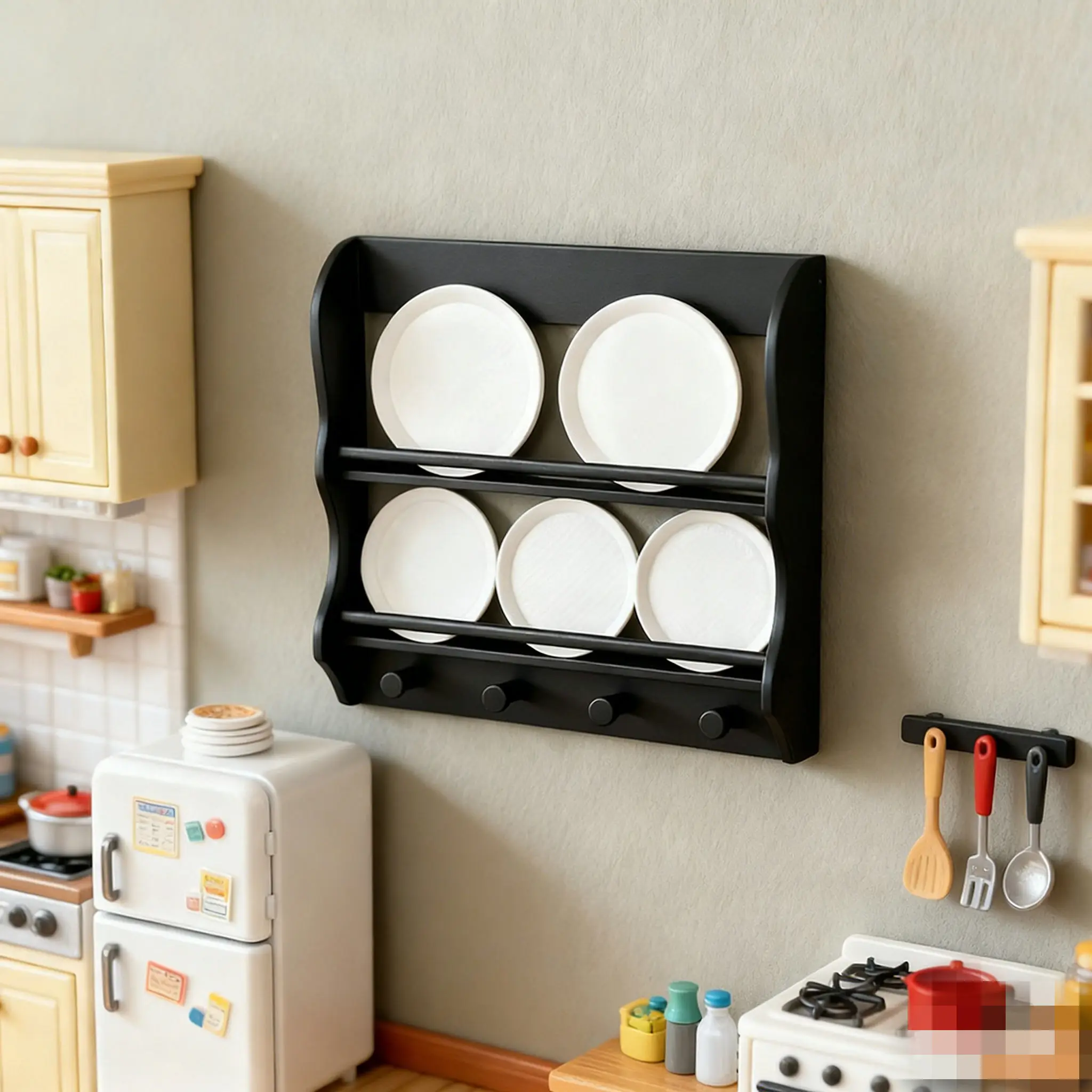 

1:12 Scale Dollhouse Miniature Kitchen Dish Rack Set,Wall Mounted Storage Shelf with Plates,Plastic Furniture for Diorama Scene