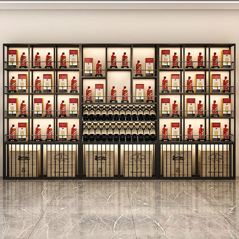 The whole store red wine Baijiu display cabinet wine shop against the wall floor wine foreign wine display rack bar background w