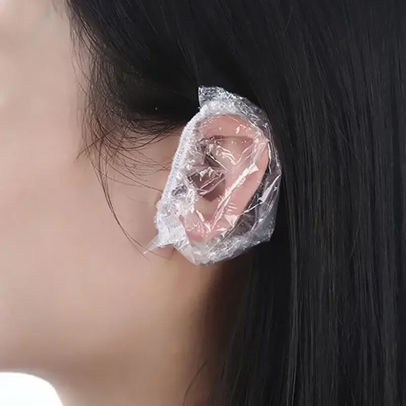 染料透明イヤーマフ 100 個使い捨てヘアゴムシャワーヘア染料保護ツールシールド防水イヤーパックプラスチックラップ