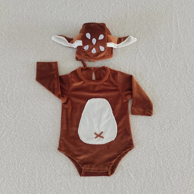 Baby Photo Costume Cosplay Jumpsuit Reindeer Ear Beanie Hat Newborn Photo Props OnePiece Long Sleeves Romper  Outfit