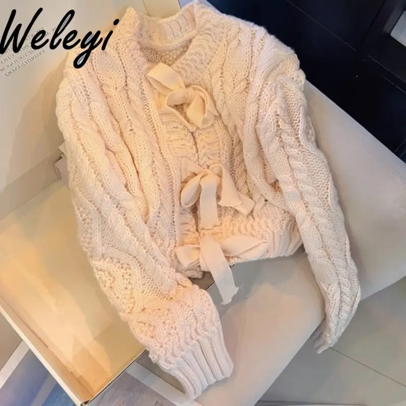 Women's Bow Twist Knitted Sweater Cardigan 2024 New Winter Jumper Gentle Long Sleeve Knitting Top for Women Cardigans