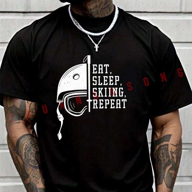

Eat Sleep Skiing Repeat Men's Fashion T-shirt Casual Trendy Tshirts For Summer Comfortable Short Sleeve Tops