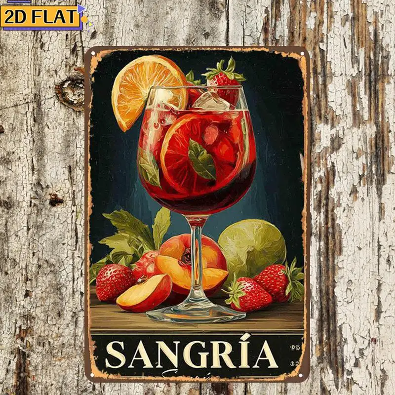 2D Flat 1pc 20*30cm Sangria Refreshing Fruit & Wine Metal Tin Plaque, Retro Decorative Metal Wall Sign, Wall Art for Bar Cafe Ki
