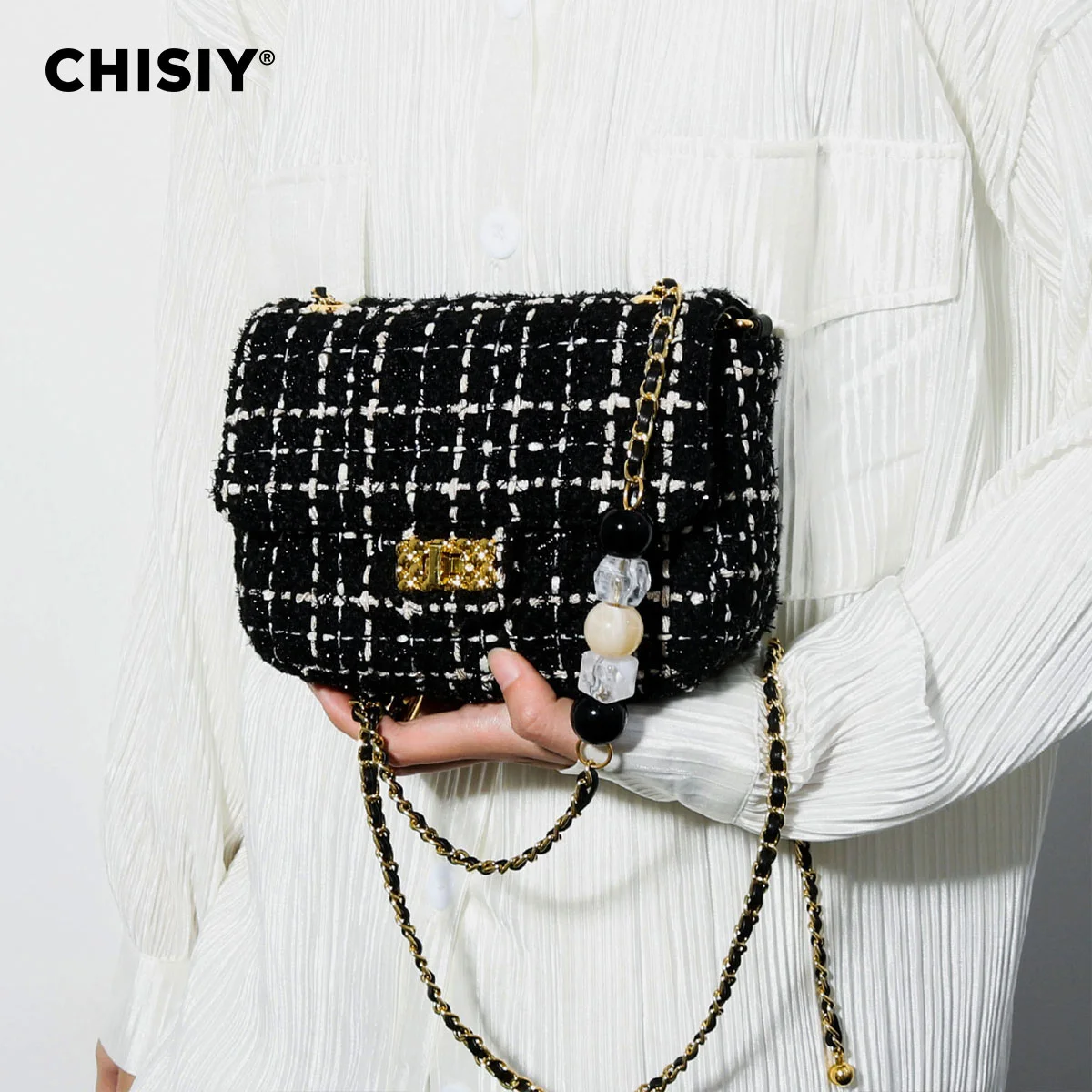 CHISIY Original handmade small fragrant style exquisite bead European and American chain elegant single shoulder crossbody bag