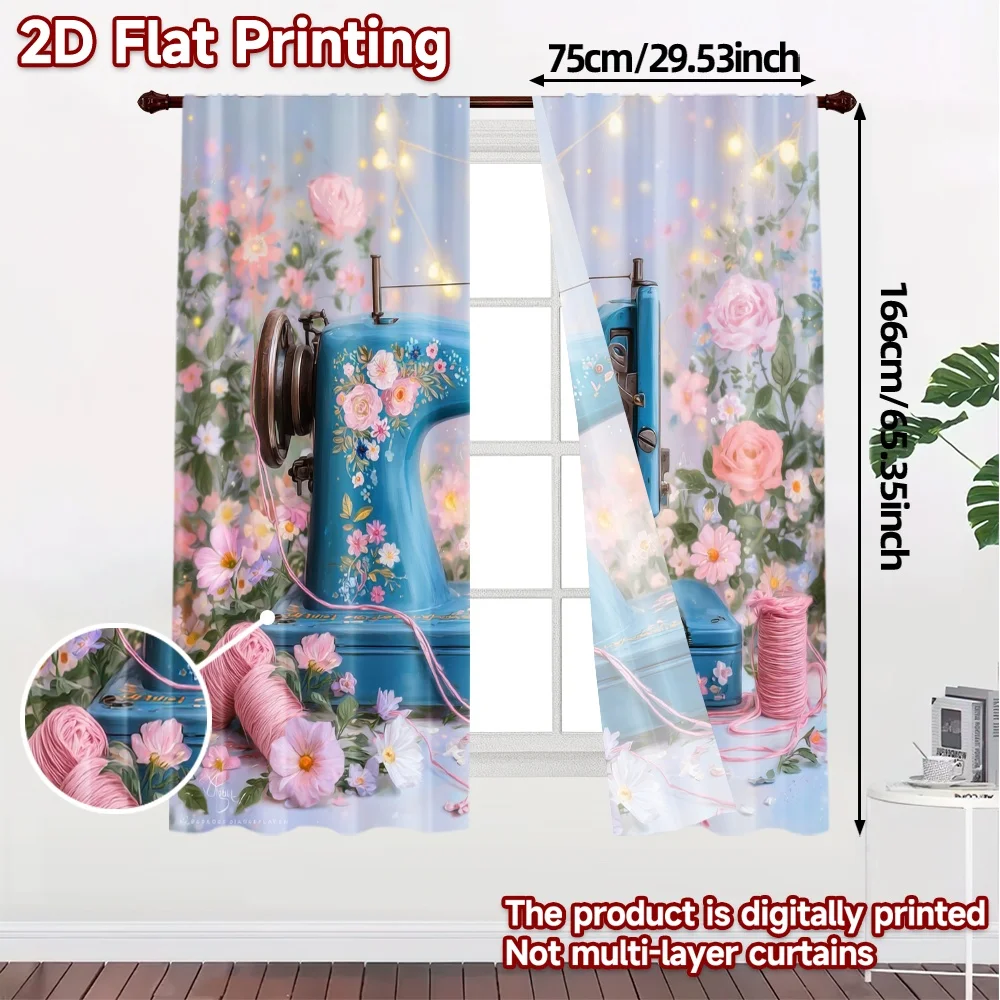 2pcs, 2D FLAT PRINTING Curtains (Without Rod) FloralSewing Chic Curtain Chic Semi-Sheer Curtains Outdoor Decorations Decorative
