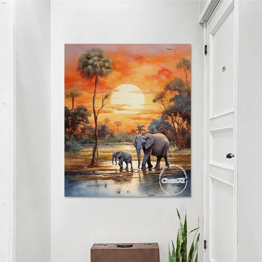 Unframed African Sunrise Scenery Two Epephants Walking Beautiful Landscape Oil Painting Pure Handmade On Canvas Luxury Hotel Art