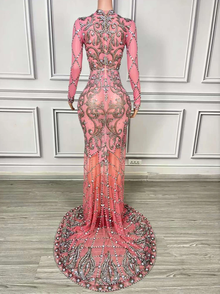 Luxury Women Floor Length Evening Prom Party Dress Crystal Wedding Photoshoot Dress Elastic Mesh Sing Stage Performance Costume