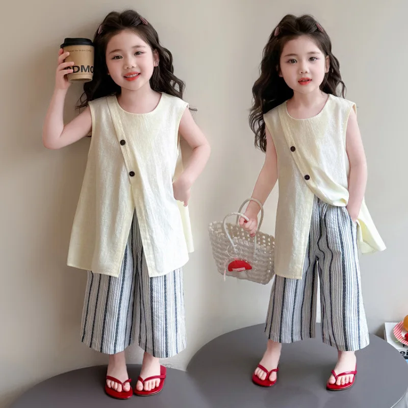 Girls Summer Fashion Set Elegant Premium Summer Hot Sale 2026 New Striped Wide Leg Pants Two Piece Set Cool