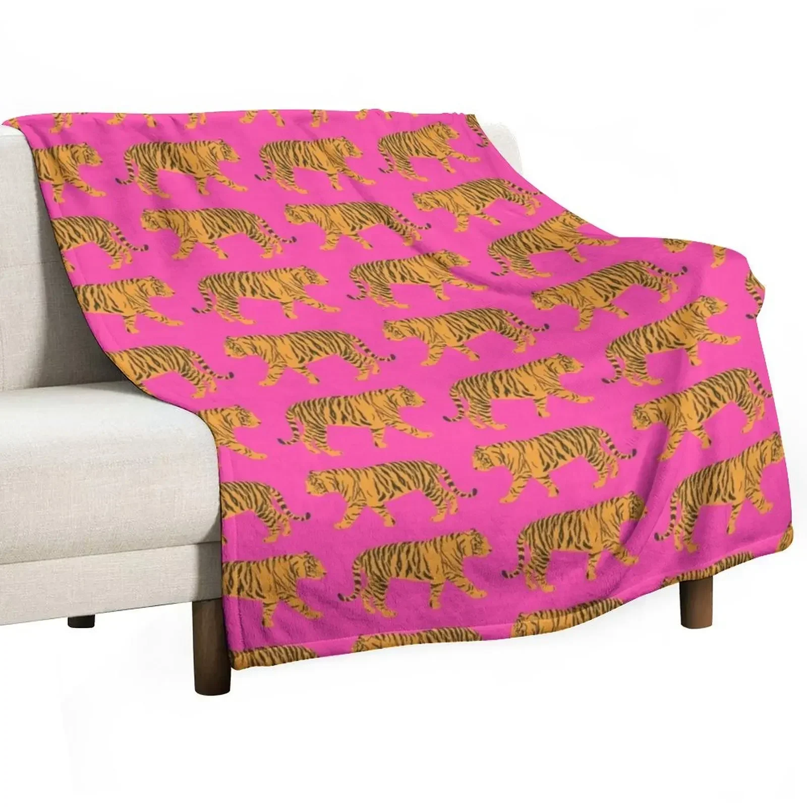 Hot Pink and Orange Bengal Indian Tiger Print Pattern Throw Blanket Plush Flannels Blankets