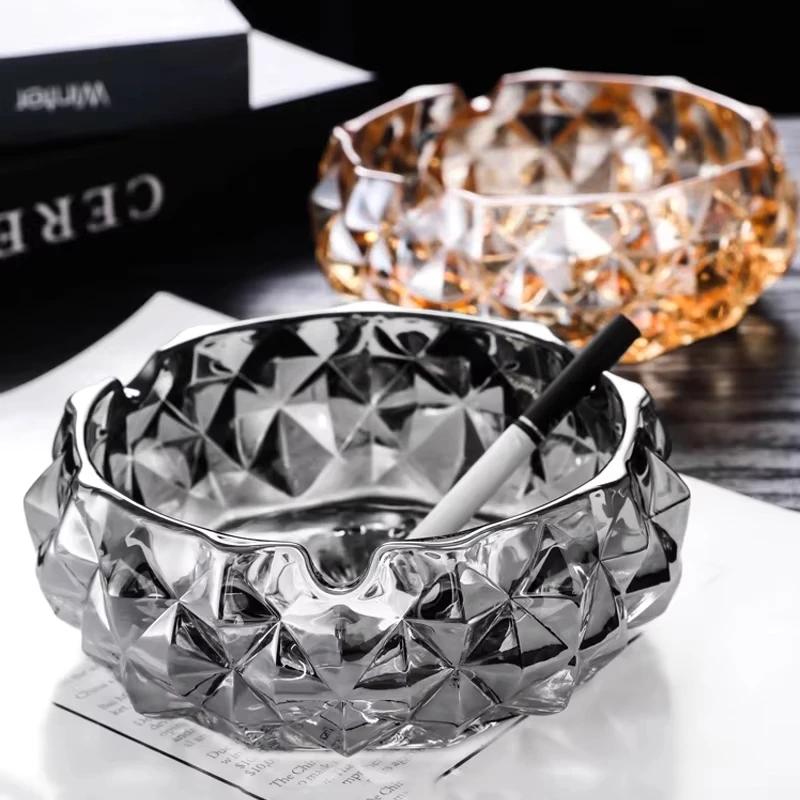 Grey/amber Diamond Crystal Glass Ashtray Transparent Grey Cigarette Case Convenient Cigarette Case Creative Round Ashtray