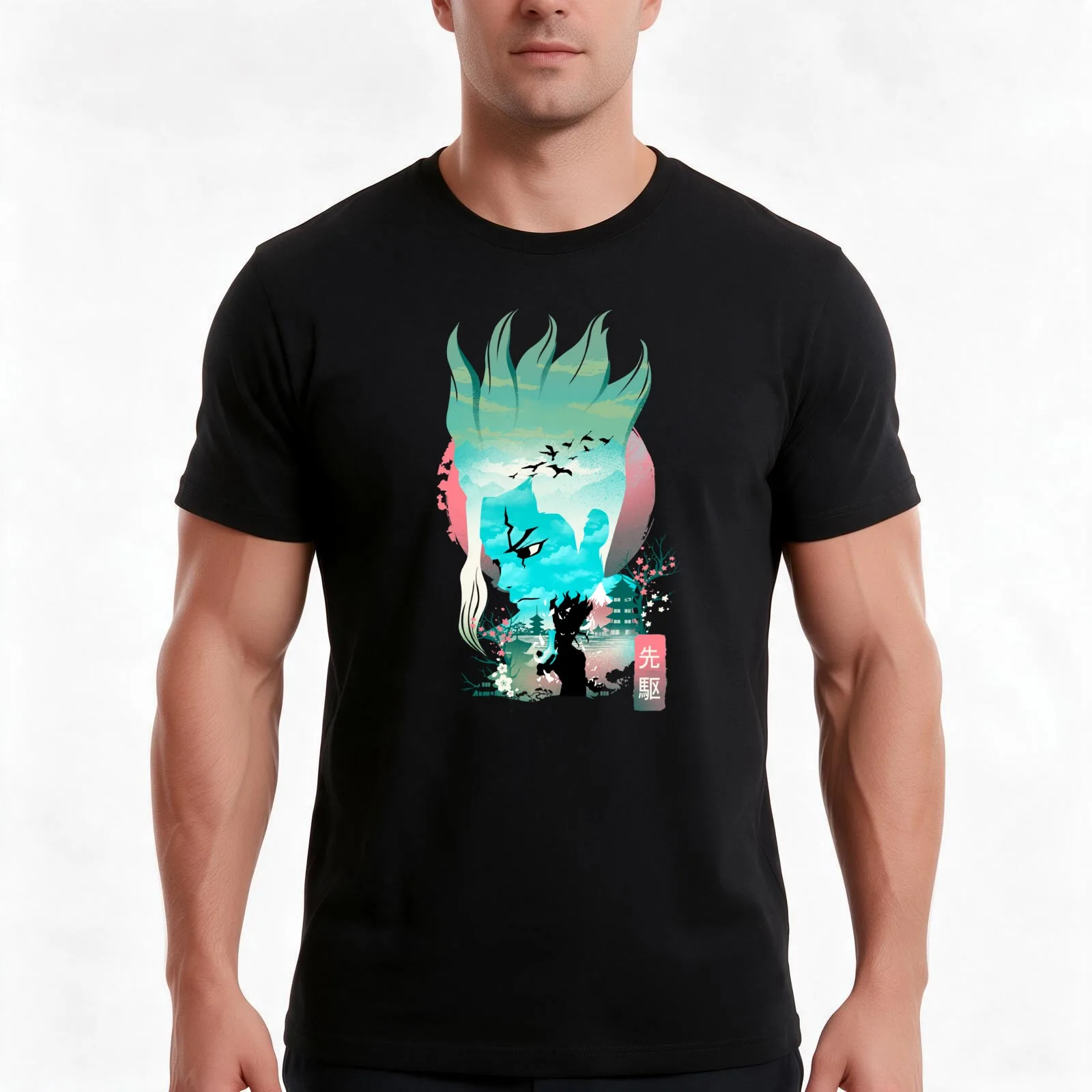 Senku Landscape T-Shirt, Summer Casual Cotton Tee, Oversized Streetwear Tops, Vintage Graphic Print, Loose Fit Short Sleeve