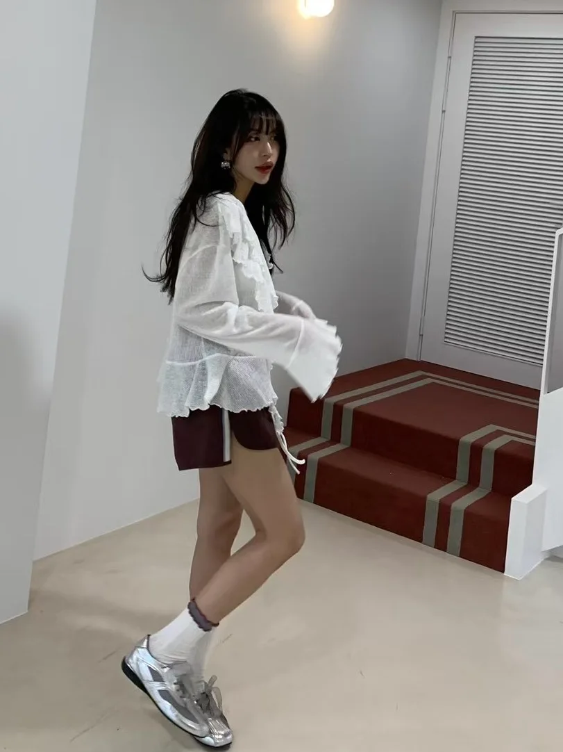 

Sweet Double Layer Ruffle Belted Open Cardigan Top Women Summer V Ne Semi Transparent Sun Protection Flared Sve ort irt