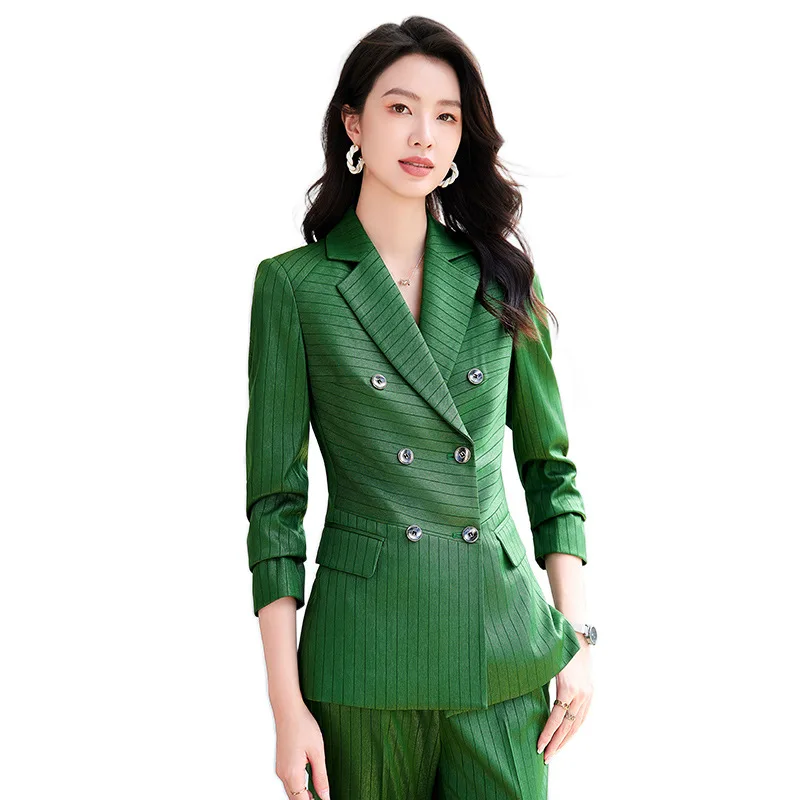 High Quality Women Navy Blue Green Pant Suit Female Button Decoration Blazer and Trouser 2 Piece Set For Office Ladies Work Wear