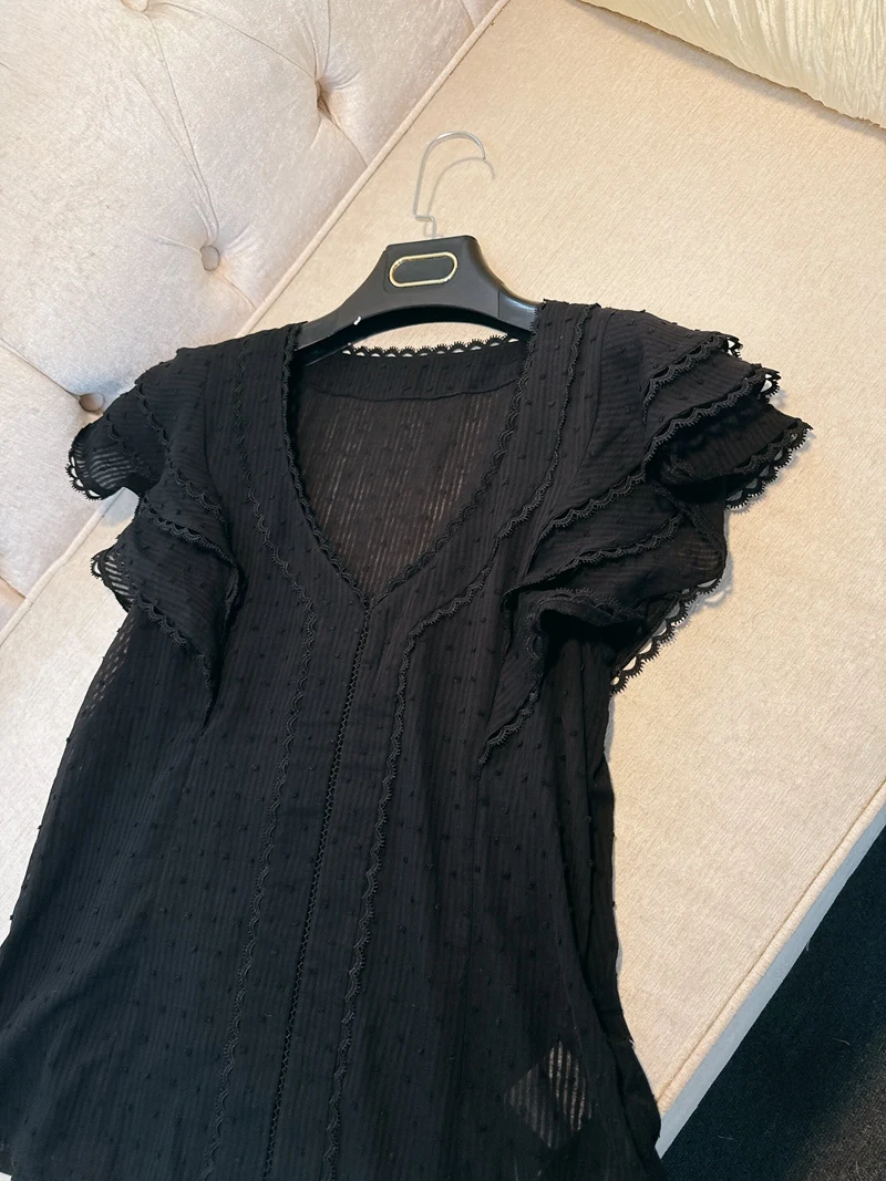 

Ele V-Ne Bla Lace irt Women's Faion Design Spring Summer New Arrival Cotton Material Straight Cut Commute Sle