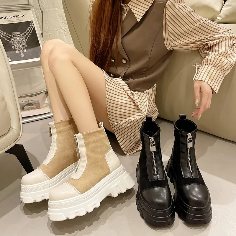 Women Boots Winter Shoes Women Ankle Botas Fashion Warm Plush Snow Boots Chunky Platform Non-Slip Thick Sole Cotton Front Zipper