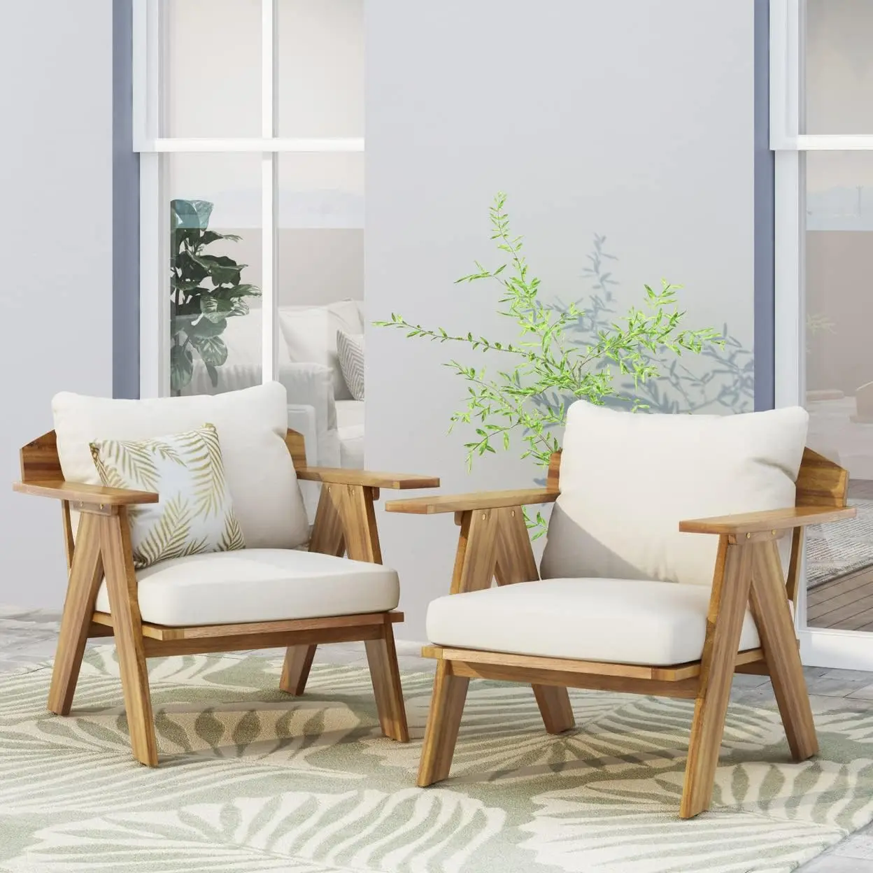 

Outdoor Acacia Wood Club Chairs with Cushions (Set 2), Teak Finish, 30.25"D x 30.75"W x 26"H, Beige