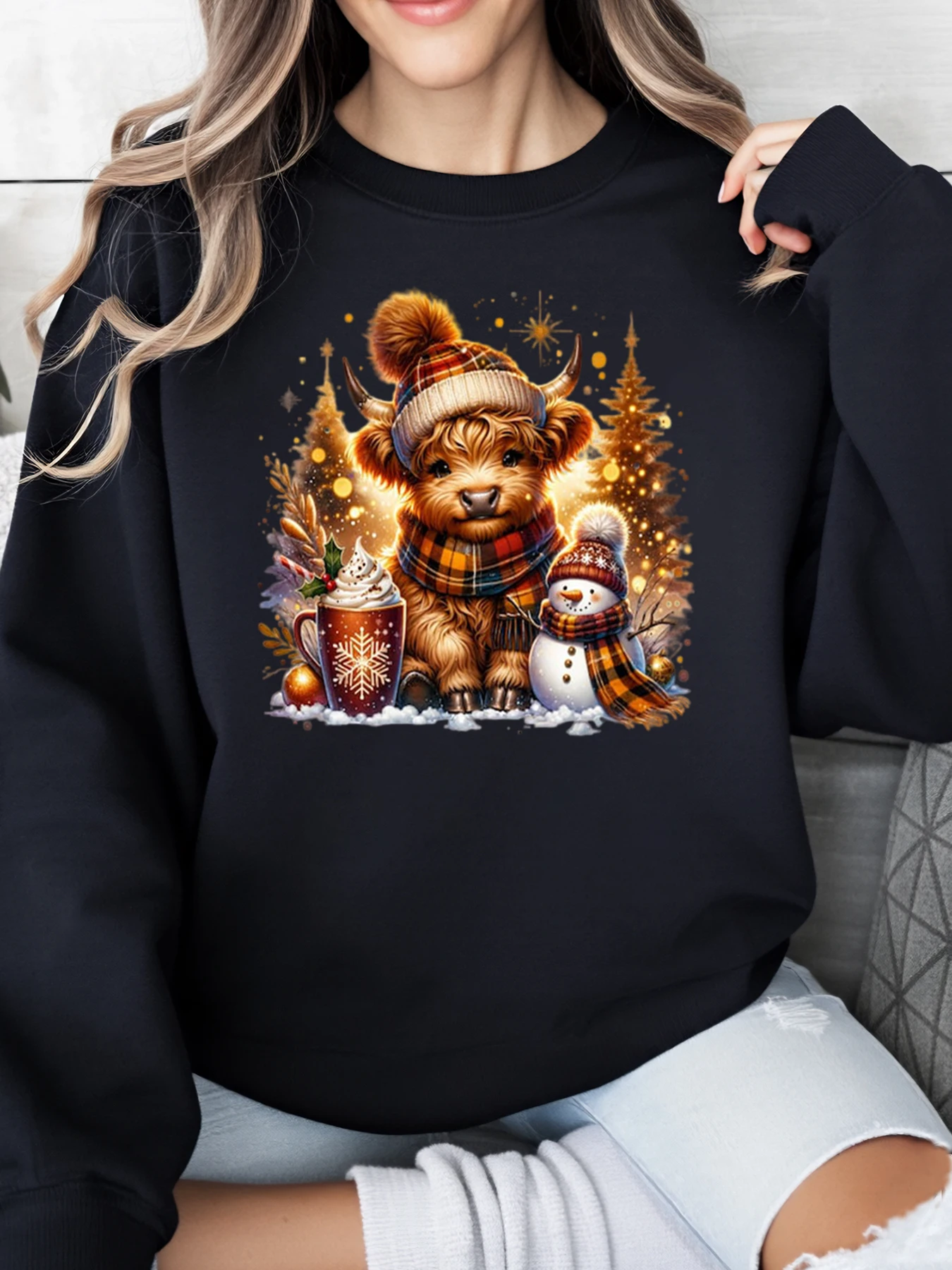 

Christmas Bull and Snowman Print Holiday Sweatshirt Women Winter Casual Wear Black Plus-Size