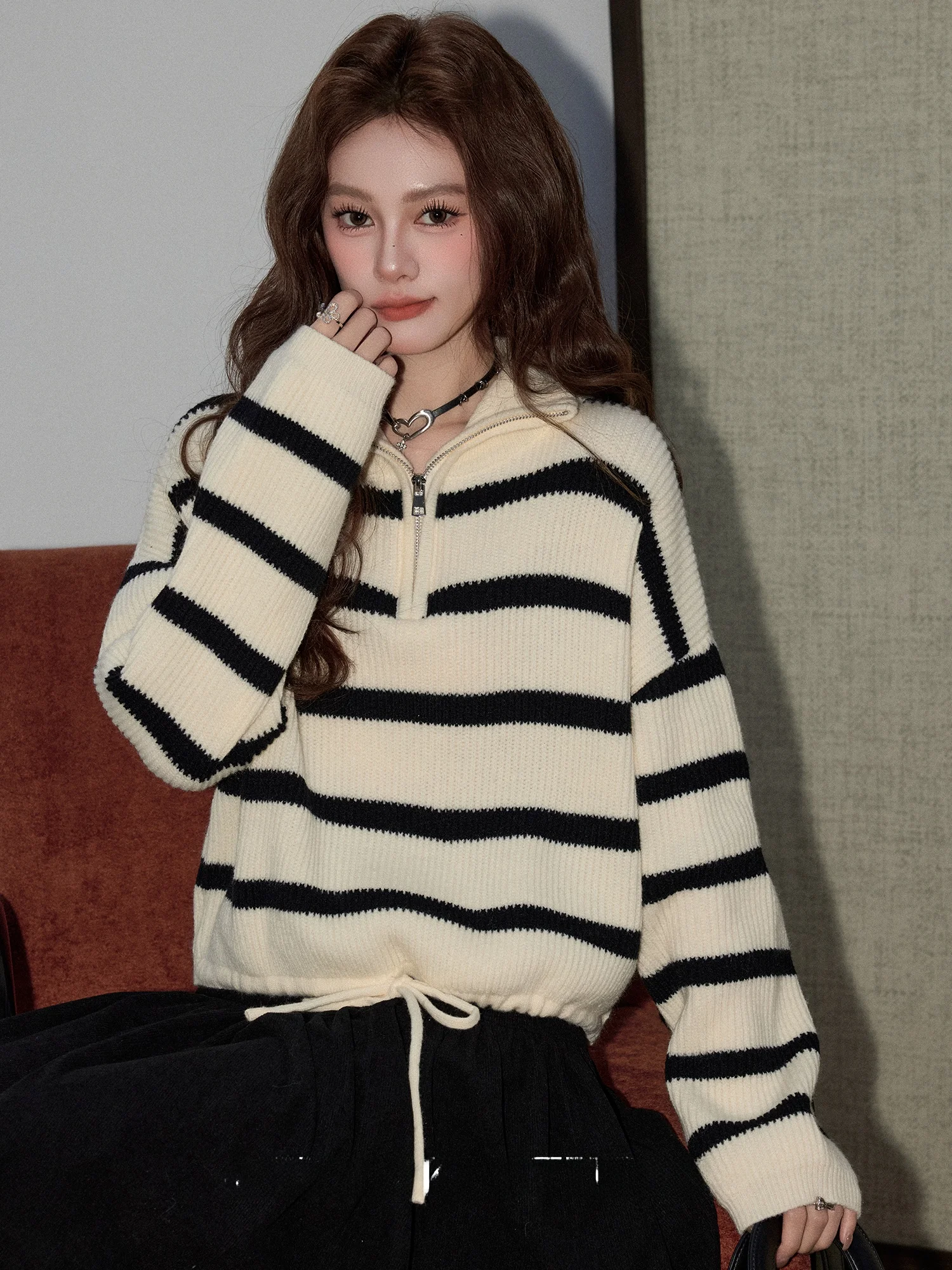 

Свободный полосатый вязаный свитер на молнии с воротником-стойкой для женщин, осенне-зимний, новый, универсальный, теплый, повседневный, в стиле lazy chic