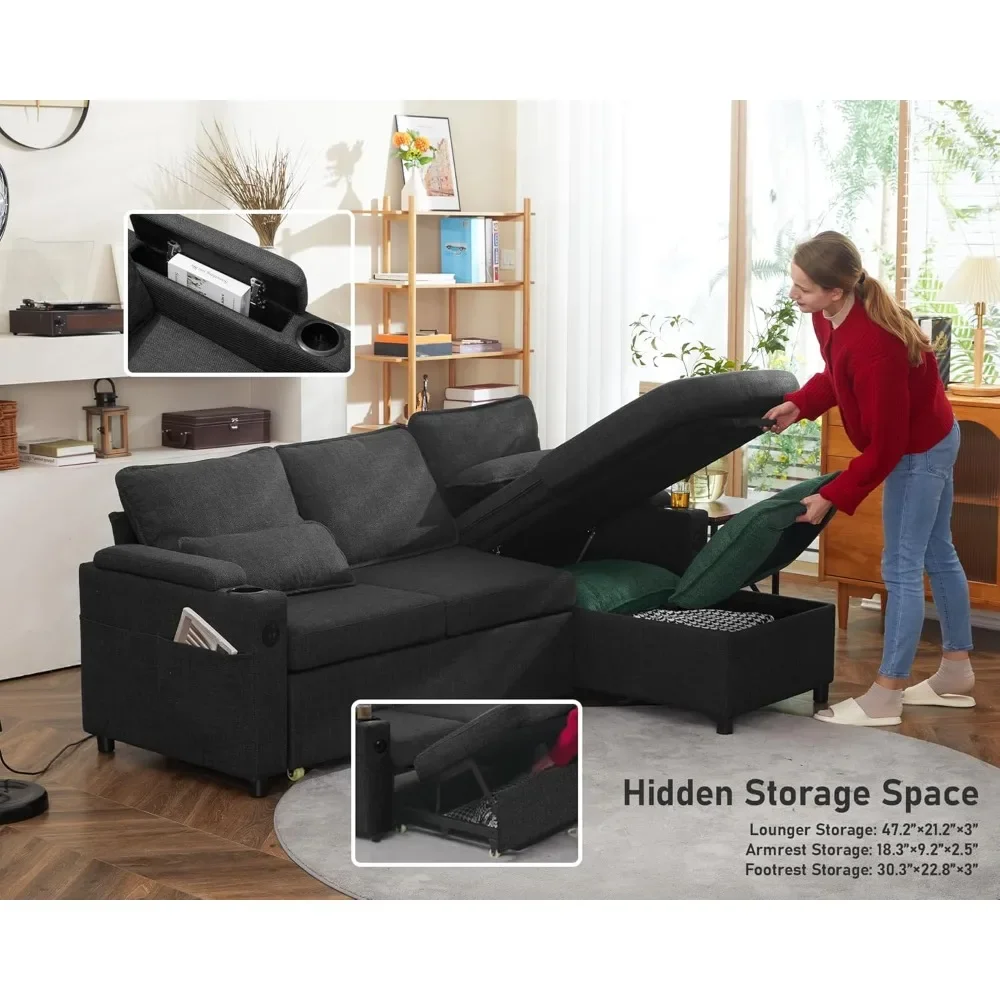 Sofa Bed Sleeper Pull Out 2 in 1 Sectional Sleeper Sofa Couches with Storage,USB, Cup Holder,Pullout Sectional Couches