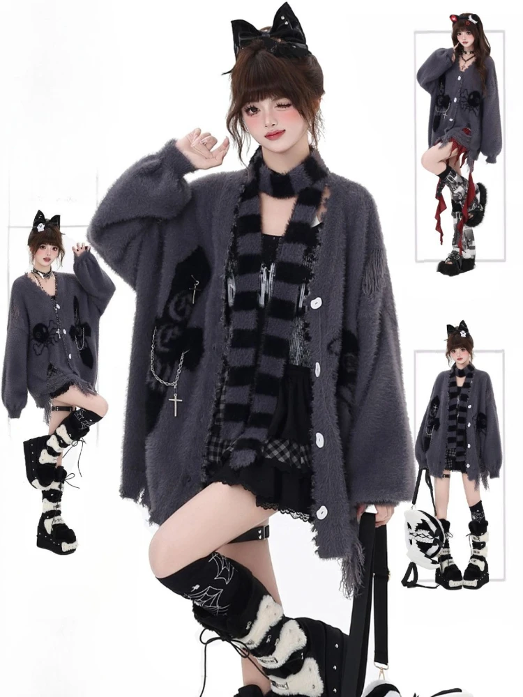 

Y2k Subculture Scarf Outwear 2000s Long Sleeve Faux Fur Button Hole Spicy Girl Casual Hollow Out Cartton Pattern Coat Autumn