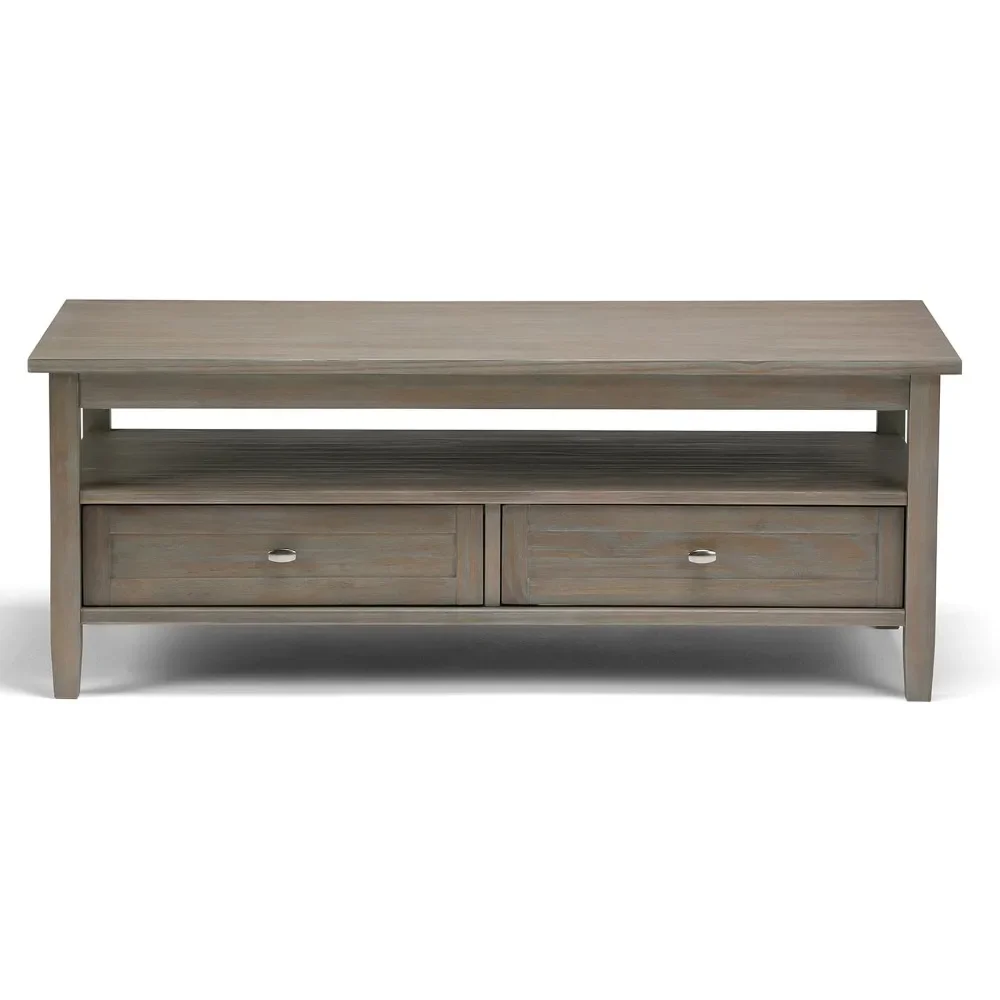 Coffee Table Warm Shaker Solid Wood 48 Inch Wide Rectangular Transition, Distressed Grey for Living Room and Family Room