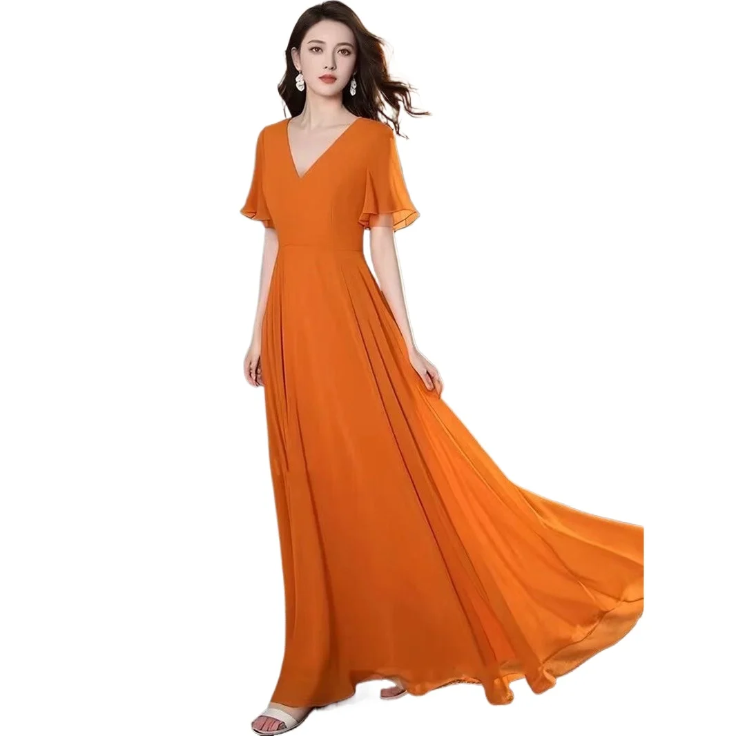 2025 Summer New Women's Solid Color V-Neck Elegant Slim Large Hem Mid Long Chiffon Dress Ladies Bohemian Beach Dresses Vestidos